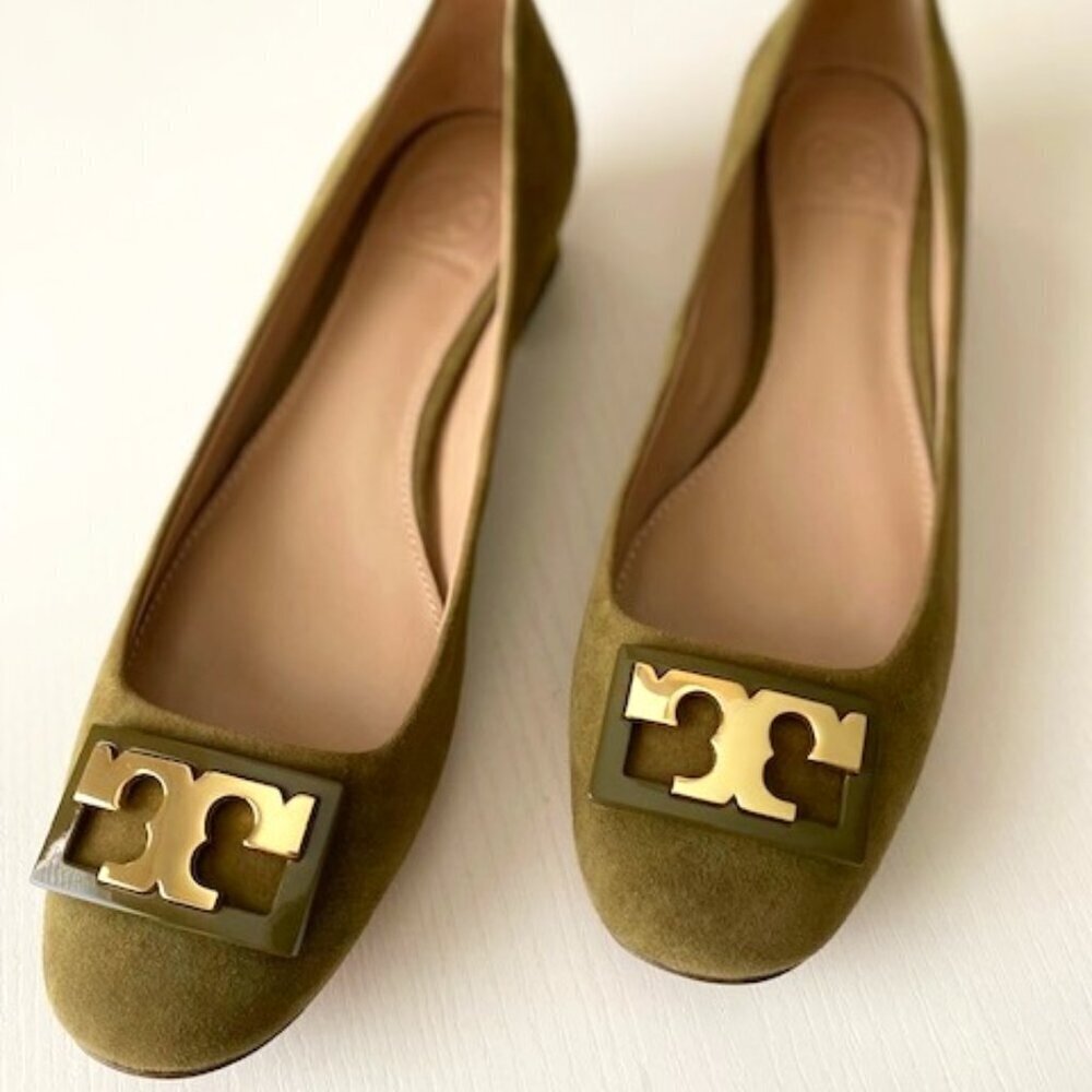 Tory Burch Olive Green Suede Logo Ballet Flats